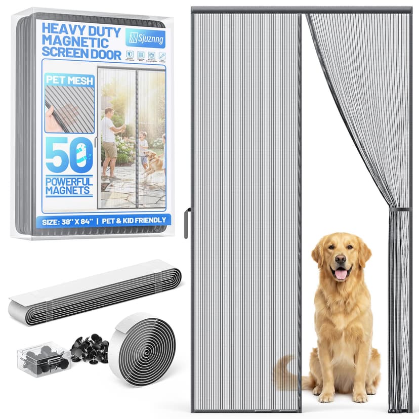 Heavy Duty Magnetic Screen Door Mesh - Auto-Sealing Hand-Free Door Net Screen with 50 Magnets, Pet & Kid Friendly, PET Fine Mesh Doors Screens Keep Bugs & Mosquitos Out Fits Front Doors Size 36” x 82”