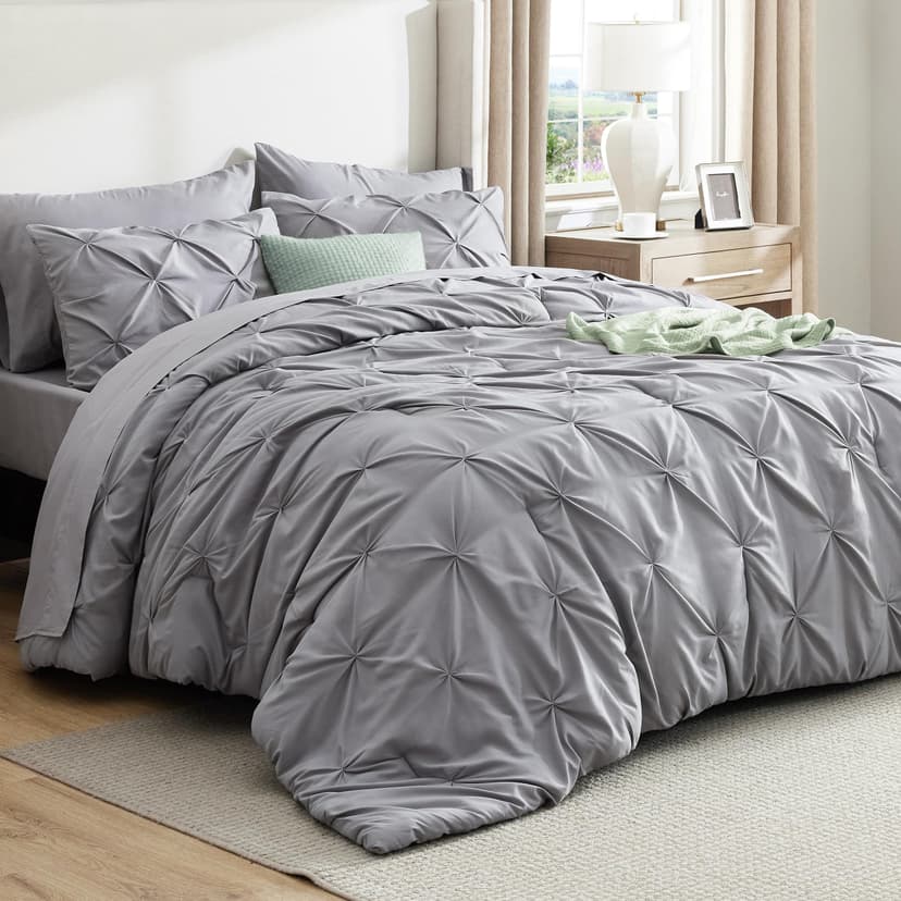 Bedsure King Size Comforter Set Grey - Bed in a Bag Bedding Set 7 Pieces, GentleSoft™ Pintuck Bed Set Gift for Family, All Season Down Alternative Comforter with Sheets, Pillowcases & Shams