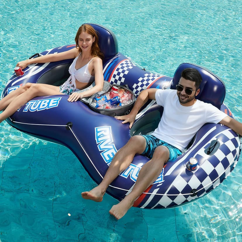 Jasonwell Inflatable River Tube Float - 2 Person Heavy Duty Pool Float with Removable Cooler, Lake Water Tubes for Floating, Raft Lounge Floatie with 2 Cup Holders for Adults