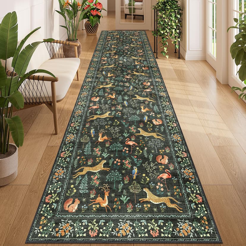DUKINO 3x12 Runner Rug, Non Slip Animal Print Runner Rug for Hallway, Vintage Low Pile & Stain Resistant Soft Indoor Long Carpet Runner for Kitchen, Bathroom, Laundry, Bedroom, Black