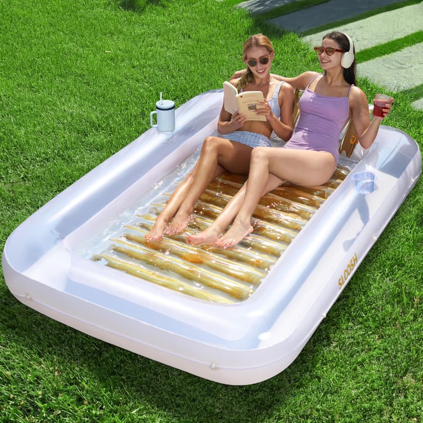 SLOOSH Inflatable Tanning Pool Lounger Float, 85" x 57" Extra Large Pool Floats Adult with Pillow, 4 in 1 Suntan Tub Raft Floatie,Sunbathing Bed Lounge for Water Blow Up Ball Pit, XL-Golden White
