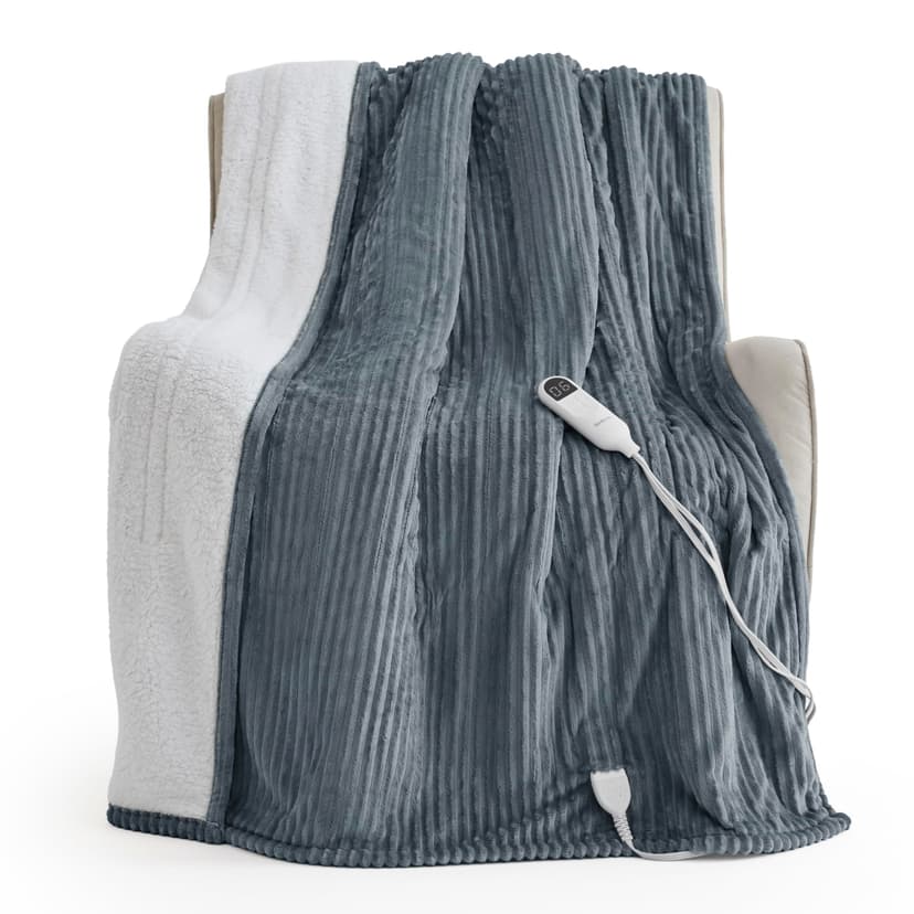 Bedsure Ribbed Heated Blanket Throw XL, Grey Electric Blanket, Preheat | Good Housekeeping Seal, Fast Heating, 6 Heat/6 Timer (Up to 10H) Settings, 8H Auto-Off, ETL & FCC, Gifts for Grandma, 50"x70"