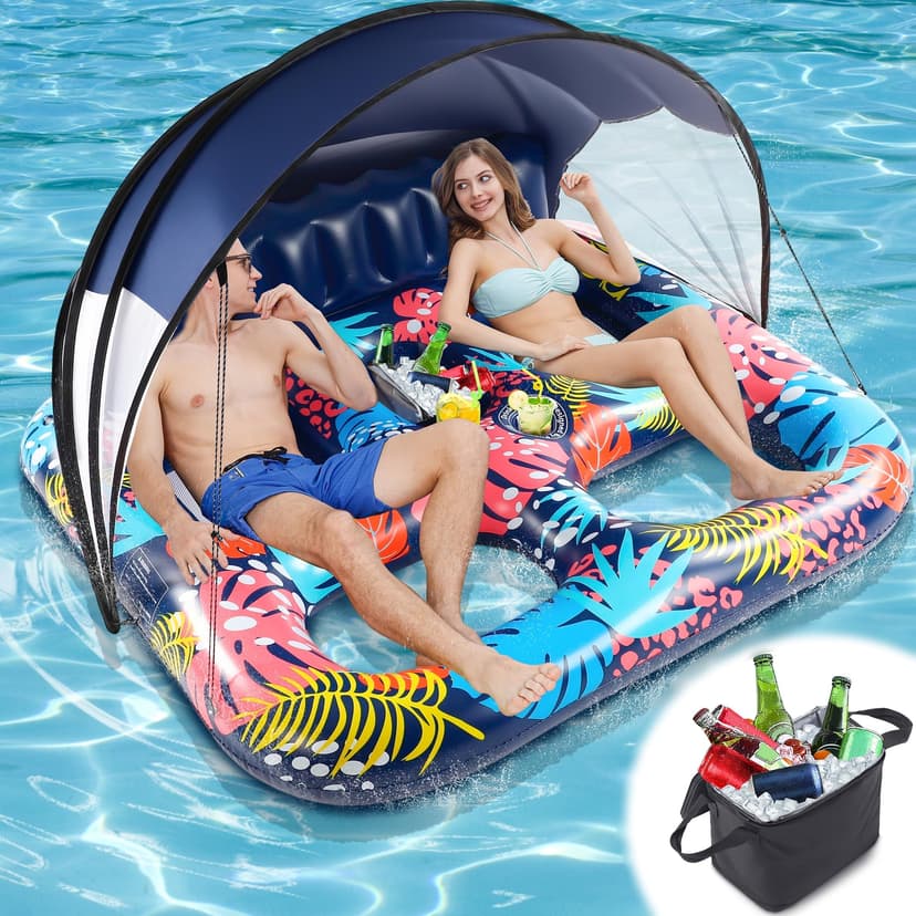 2-Person Inflatable Pool Floats Adult Heavy Duty, 71" x 61" Pool Lounger Float with Cup Holders & Backrest & Removable Insulated Cooler, Thickened Swimming Raft for Pool Party, Lake, Beach, River