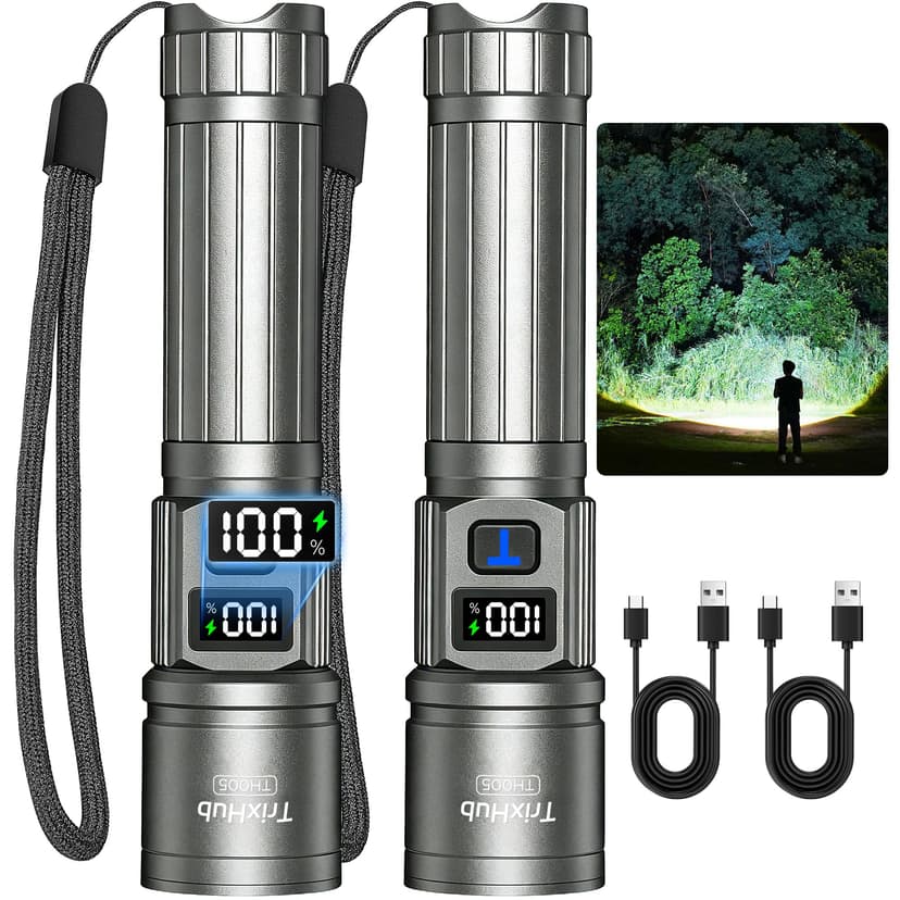 TrixHub Rechargeable Flashlights 2 Pack Super Bright Flash Light (Titanium) | LCD Digital Display, 5 Modes, USB C Charging, Zoomable Linternas, Powerful Handheld Flashlights for Home Emergencies Campi