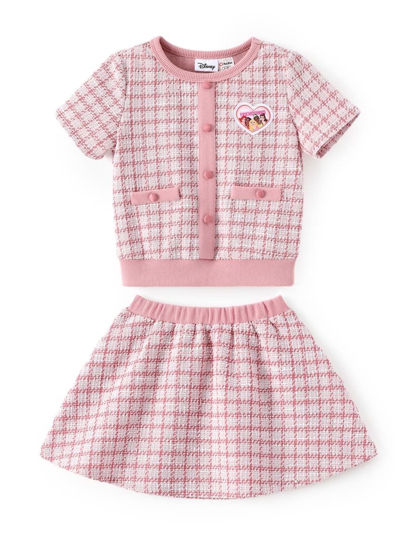 Disney Frozen Elsa Stitch Princess Moana Minnie Toddler Girl 2 Piece Outfit Kid Pearl Button Knit Top & Tweed Skirt Set 2-13Y