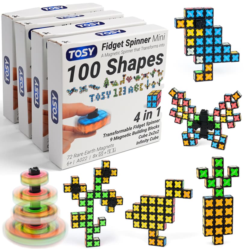TOSY Magnet Fidget Spinner Mini - 8 Blocks, 3 in 1 Toy: Transformable Fidget Spinner, Infinity Cube, 2x2 Puzzle Cube, Stress Relief, STEM Magnet Tiles Birthday Gift for Kids/Boys/Girls/Adults, 4-Pack