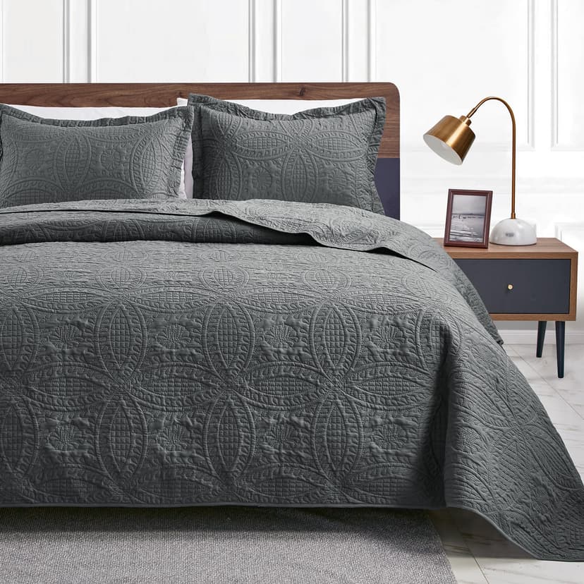 Love's cabin Quilts for Queen Bed Dark Grey Bedspreads Bedding Set - Lightweight Bedspread Comforter - Coin Pattern Bedding Coverlet for All Season - 3 Pieces (1 Quilt, 2 Pillow Shams)