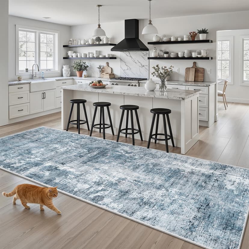 Soalmost Abstract Runner Rug 3x8 Hallway Kitchen Rugs Non-Slip, Blue/Grey | Vintage Washable Runners 8ft for Bathroom Laundry Room, Foldable Low-Pile Floor Carpet Mat for Entryway Corridor Bedroom