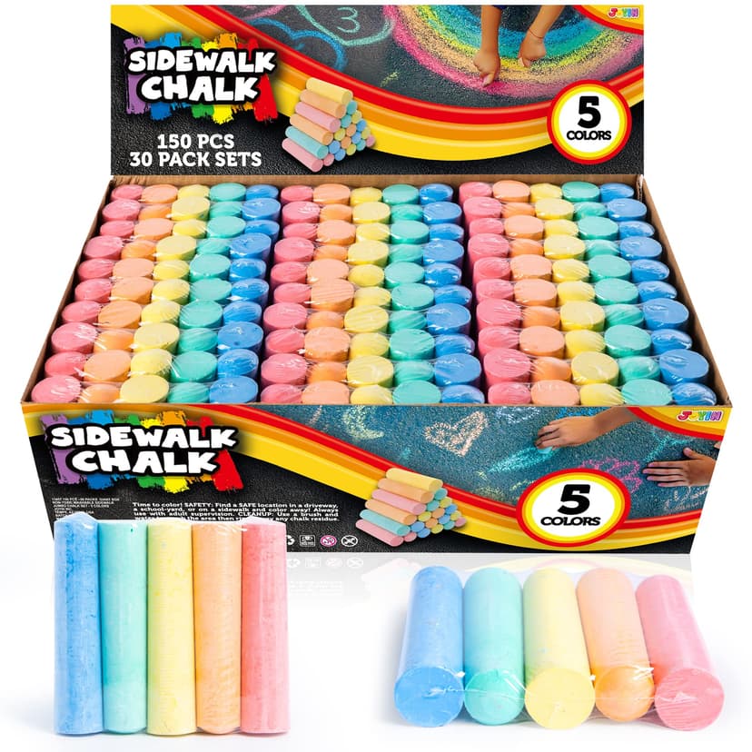 JOYIN 150 Pcs Sidewalk Chalk Set in 30 Packs, 5 Colors, Giant Box Non-Toxic Jumbo Washable Chalk for Outdoor Art Play, Painting on Chalkboard, Kitchen, Blackboard, Playground, Outdoor