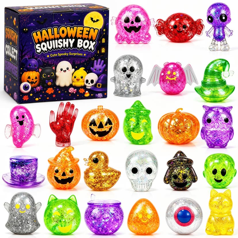 24 Pcs Halloween Squishies for Adult, Halloween Squishy Toys Glitter | Bulk Stress Ball Squeeze Toys, Halloween Party Favors Trick or Treat Goodies Bag Stuffer Gift