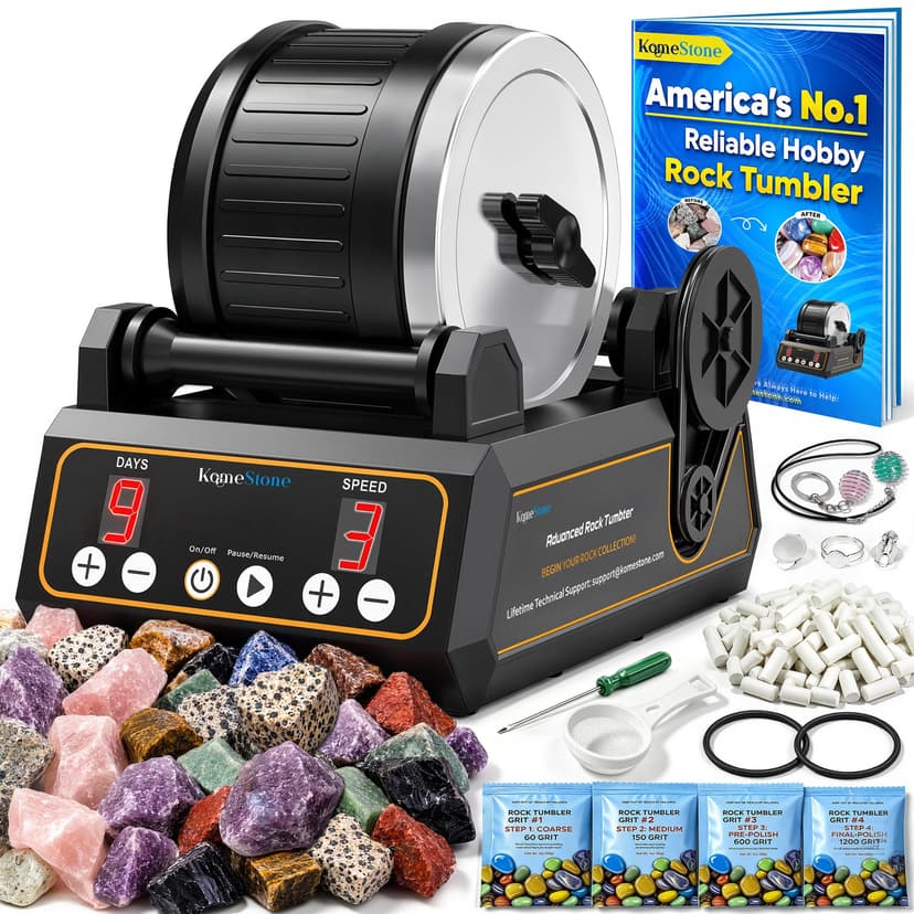 KomeStone K1 Quiet Rock Tumbler Kit for Adults, Kids & Families | Reliable 2.5Lb Rotary Rock Polisher, Thick Rubber Barrel, 3 Speeds, 9-Day Timer, Memory Function, Complete Gem Polishing Kit