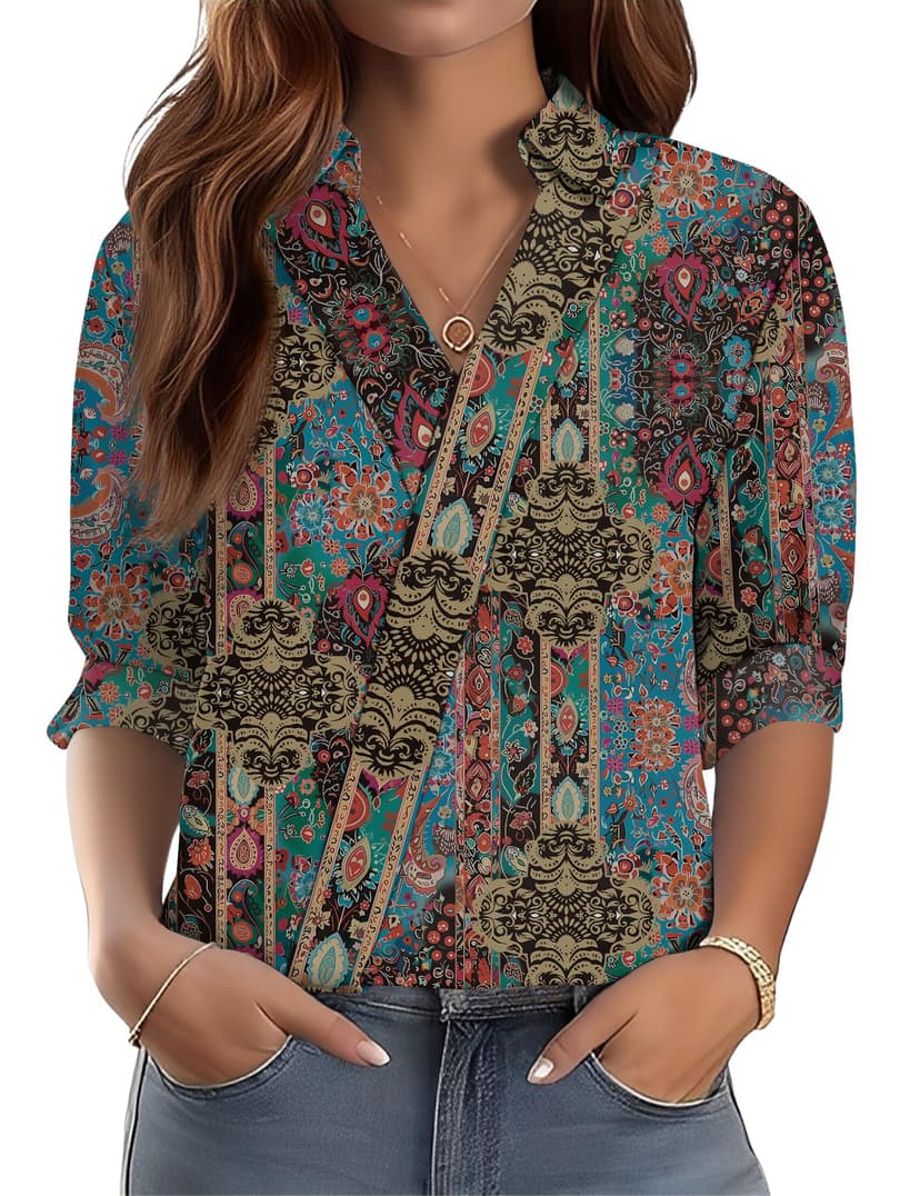 LOMON 3/4 Length Sleeve Womens Tops Dressy V Neck Collared Shirts Trendy Business Casual Work Blouses Vacation Outfits 2026
