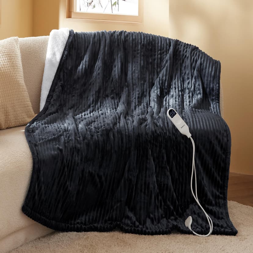Bedsure Ribbed Heated Blanket Throw, Black Electric Blanket, Preheat | Fast Heating, 6 Heat & 6 Timer (Up to 10H) Settings, 8 Hours Auto-Off, ETL & FCC, Flannel Sherpa, Gifts for Grandma, 50"x60"