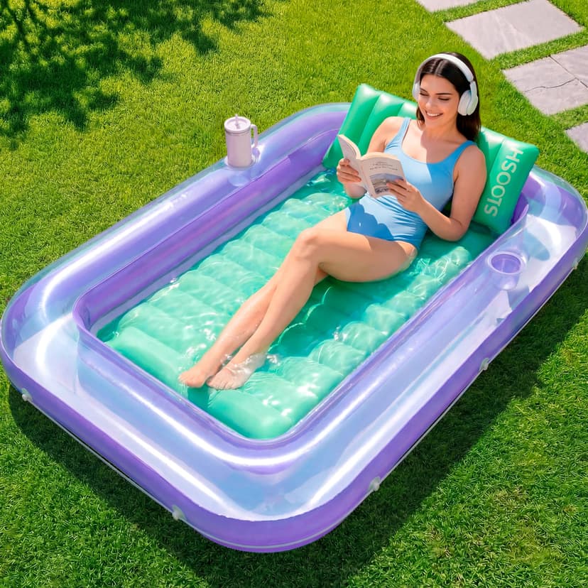 SLOOSH Inflatable Tanning Pool Lounger Float, 70" x 46" Pool Floats Adult with Pillow, 4 in 1 Suntan Tub Raft Floatie,Sunbathing Bed Lounge for Water Blow Up Ball Pit Party Gifts, L-Purple Green