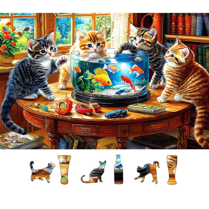 500 Piece Jigsaw Puzzles for Adults - Kittens & Goldfish Library Scene Puzzle,Cute Cats Puzzle with Letters on Back Perfect Game Night Gift for Family Seniors(23x15 Inch)