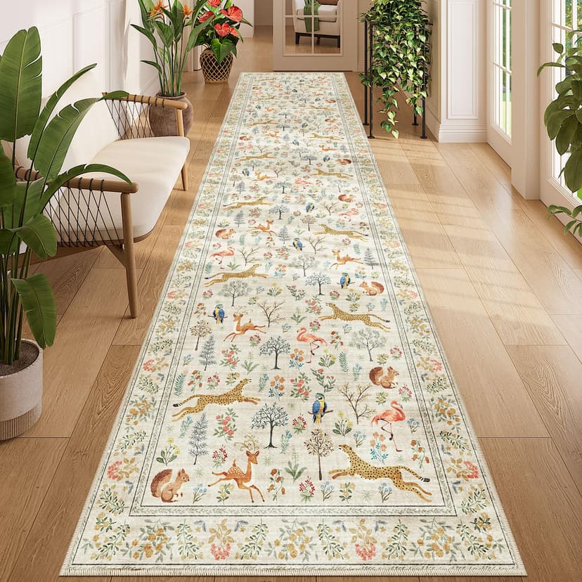 DUKINO 3x12 Runner Rug, Non Slip Animal Print Runner Rug for Hallway, Vintage Low Pile & Stain Resistant Soft Indoor Long Carpet Runner for Kitchen, Bathroom, Laundry, Bedroom, Beige