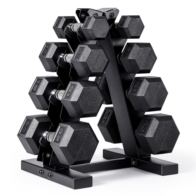 CAP Rubber Coated Hex Dumbbell Set with Storage Rack | 100–210 lb Options, Space-Saving Vertical Compact Storage for Home Gym Strength Training