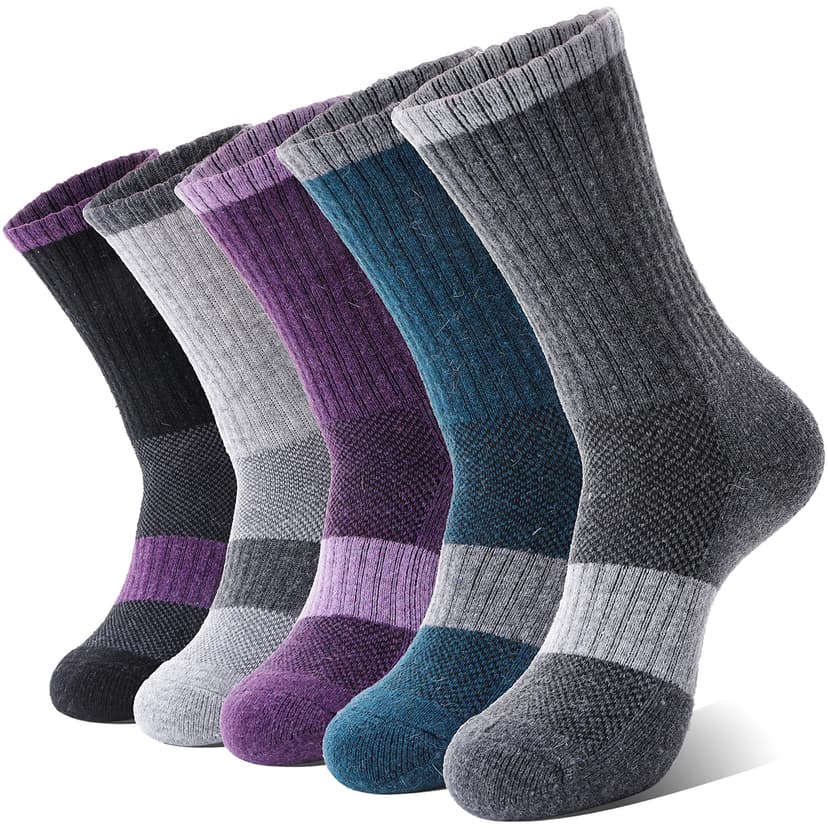 Anlisim Merino Wool Hiking Running Socks for Women, Boot Work Crew Socks | Moisture Wicking, Compressive Arch Support, Reinforced Cushion, Secure Fit, Thermal Winter Warm, 5 Pairs