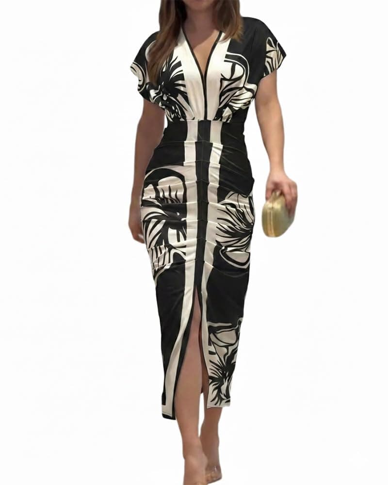 CHICME Summer Dresses for Women Floral Print Plunge V Neck Midi Dress Casual Ruched Slit Bodycon Party Dress