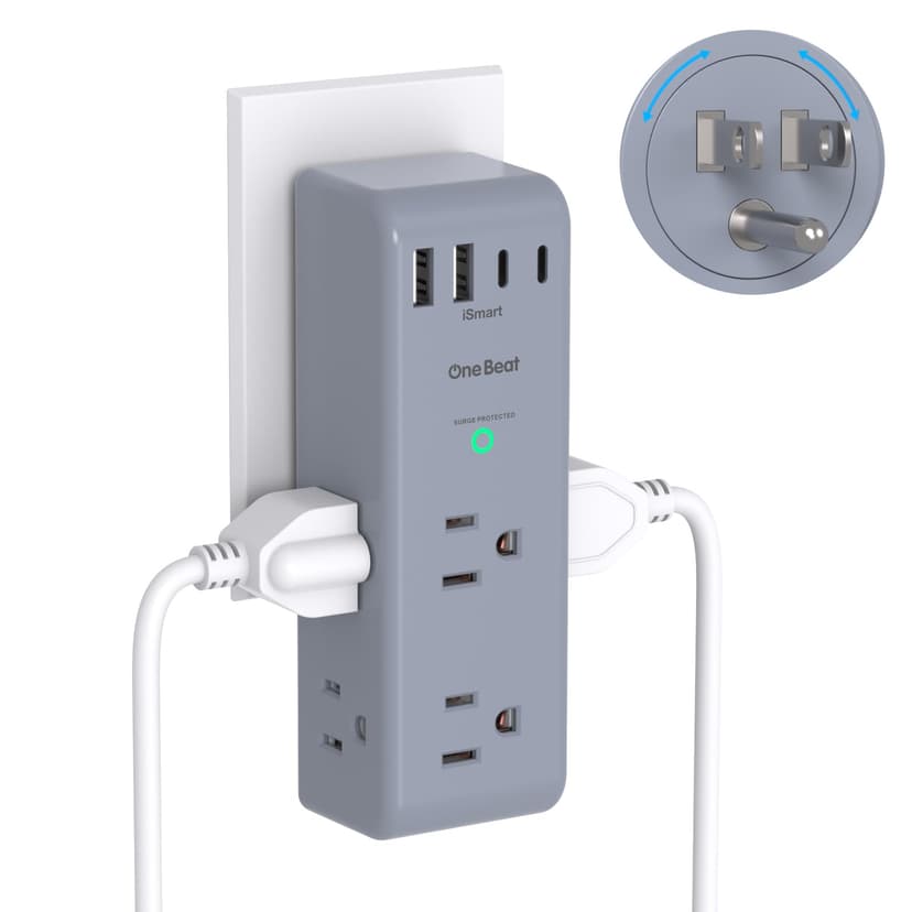Surge Protector Outlet Extender - with Rotating Plug, 6 AC Multi Plug Outlet with 4 USB Ports (2 USB C), 1800 Joules, 3-Sided Swivel Power Strip with Spaced Outlet Splitter for Dorm, Office, Grey