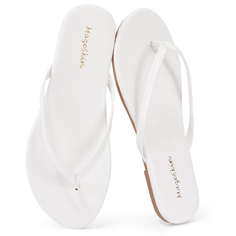 mazeskin Women's Memory Foam Comfortable Flat Thong Sandals Dressy Summer Beach Leather Slide Flip Flops