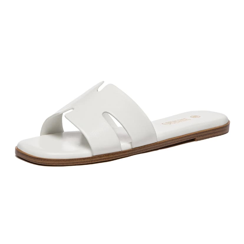 Rihero Flat Sandals Women Dressy Comfortable Slip On Leather Slide Sandals | PU / Raffia Clear Knit Upper, Square Toe, Cushioned Footbed, Casual Slides, Vacation, Travel, Work, Everyday Summer Sandals