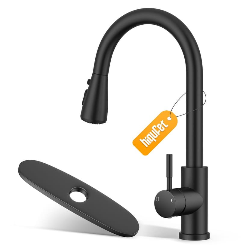 Hiqufet Kitchen Sink Faucet with Pull Down Sprayer with Deck Plate, 1 or 3 Holes High Arc Faucet, Stainless Steel Modern Bar Sink Faucets for Pot Filler, Farmhouse Laundry, RV Bathroom (Black)