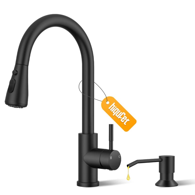 Hiqufet Black Kitchen Faucet with Soap Dispenser & Pull Down Sprayer, Rv Kitchen Sink Faucets for Pot Filler, Farmhouse Camper Bar Sink Laundry, RV Bathroom, Single Hole Single Handle Stainless Steel