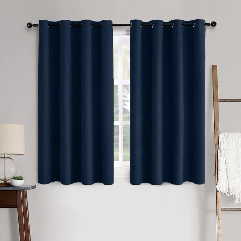 MIULEE 100% Blackout Linen Curtains for Bedroom 52x63 Inches Midnight Blue | Room Darkening, Light Blocking, Thermal Insulated, Grommet Top, Linen Textured, Window Curtains for Living Room, 2 Panels