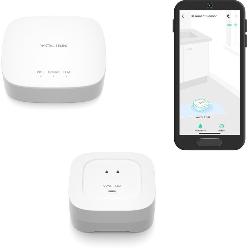 YoLink Water Leak Detector 4 with 105dB Audio Alarm, Freeze Warning, App Push, Email Alerts and Limited Text - Smart Water Sensor Alarm w/ Alexa, IFTTT - 1/4 Mile Long Range, Hub Included