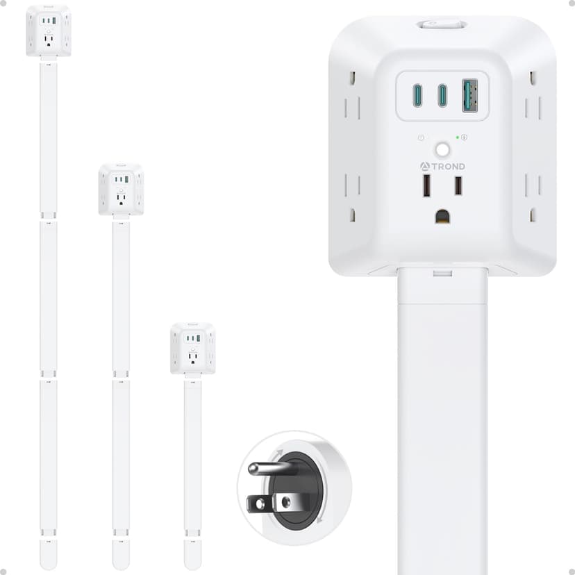 TROND Outlet Extender Stick with 360 Rotating Plug - Surge Protector Outlet | 5 Sockets and 2 PD20W USB C Charger, 1440 Joule, 3 Modular Electrical Extendable Stick to Extend 16"-39" Behind Furnitures