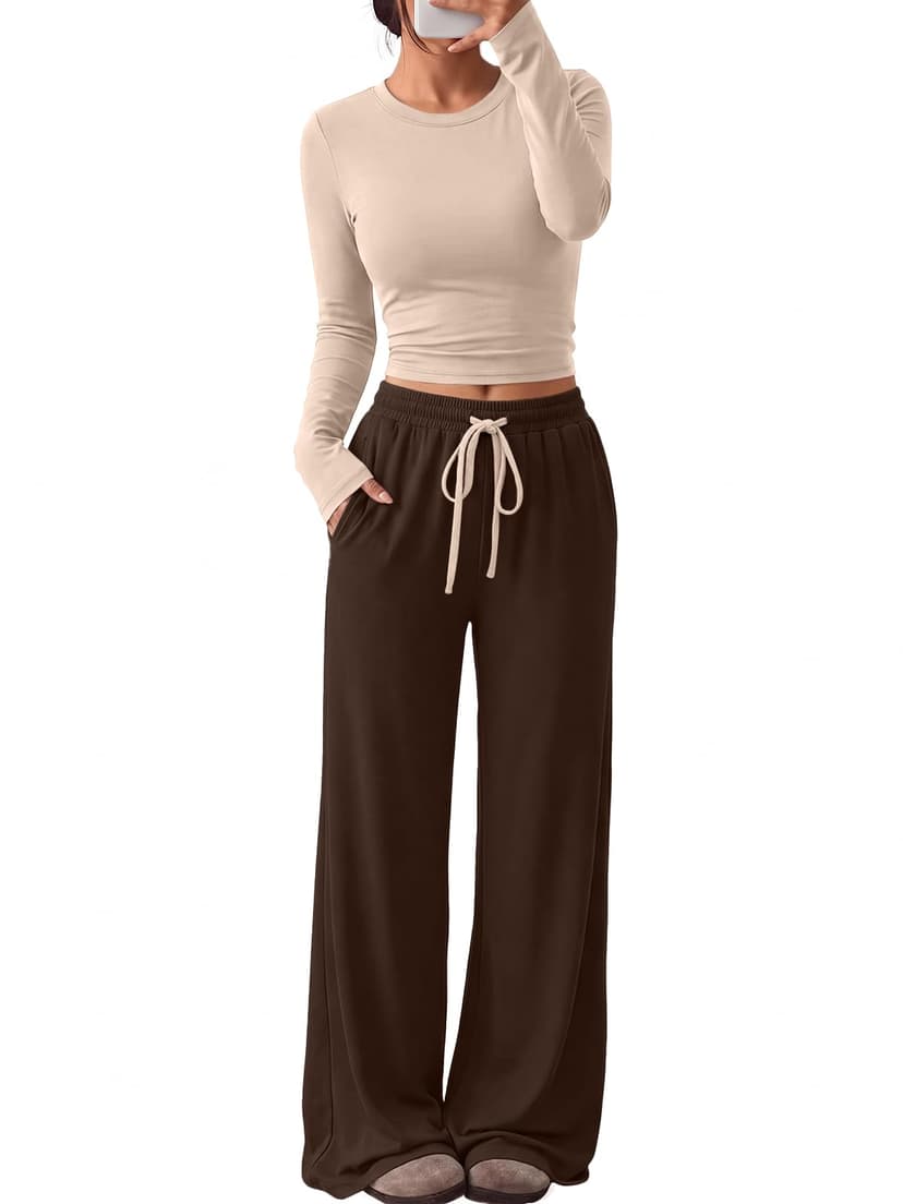 Trendy Queen Women's 2 Piece 2026 Fall Fashion Lounge Set with Pockets | Airport Outfit, Athleisure Workout Set, Fall Wardrobe Staple, Winter Style, Side-Ruched Top, Drawstring Wide-Leg Pants