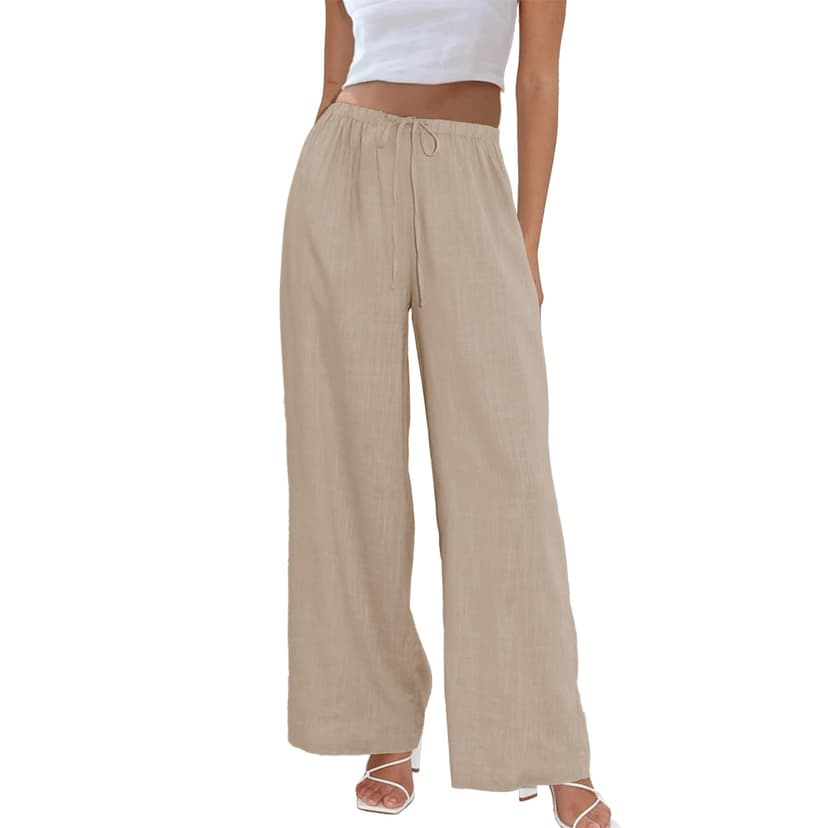 Duyang Womens Cotton Linen Palazzo Pants Drawstring Elastic Waist Casual Wide Leg Trousers with Pockets