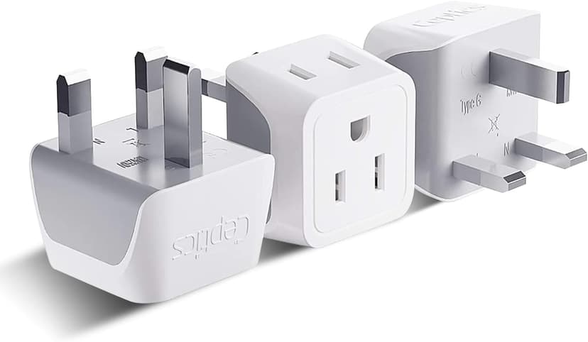 Ceptics 2 in 1 UK Adapters for Travel, Dual USA Input, Grounded, Pack of 3 | Type G Adapter for Travel, US to UK Plug Adapter with 2 USA Outlet, UK Travel Adapter, CE & RoHS Certified for Hong Kong