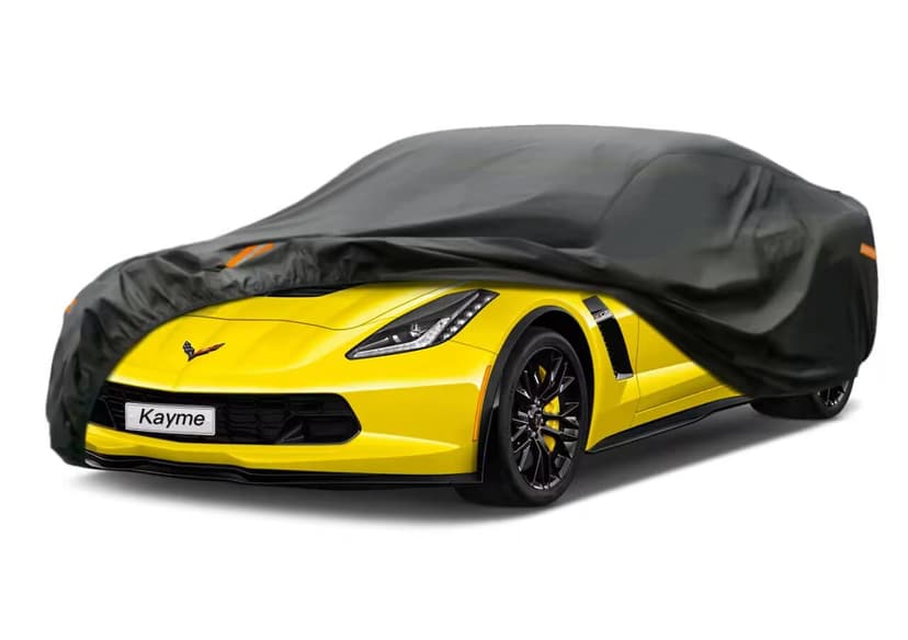 Kayme 7 Layers Waterproof Car Cover for Chevrolet Corvette 1980-2026 | Thick heavy‑weight composite fabric, all‑weather wind‑dust‑UV protection, inner cotton layer shields vehicle paint