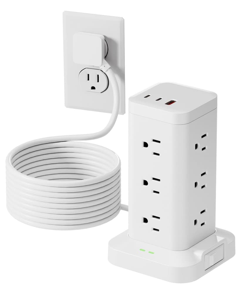 Tagzilo Power Strip Tower with Surge Protector 1800J, Fast Charging Tower PD20W USB-C Ports with 12 AC Outlets, Extension Cord for Home Office Dorm Room, 10ft, White