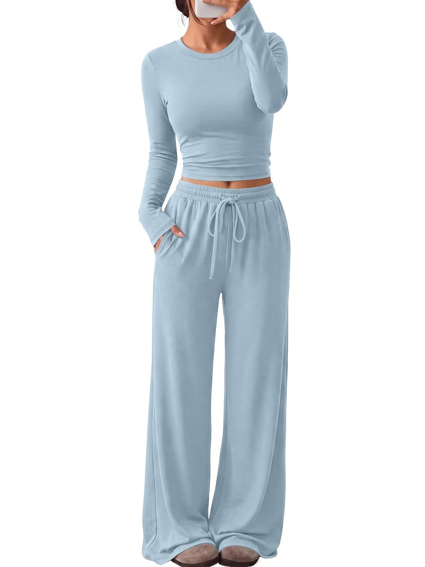 Trendy Queen Women's 2 Piece 2026 Fall Fashion Lounge Set with Pockets | Airport Outfit, Athleisure Workout Set, Fall Wardrobe Staple, Winter Style, Side-Ruched Top, Drawstring Wide-Leg Pants