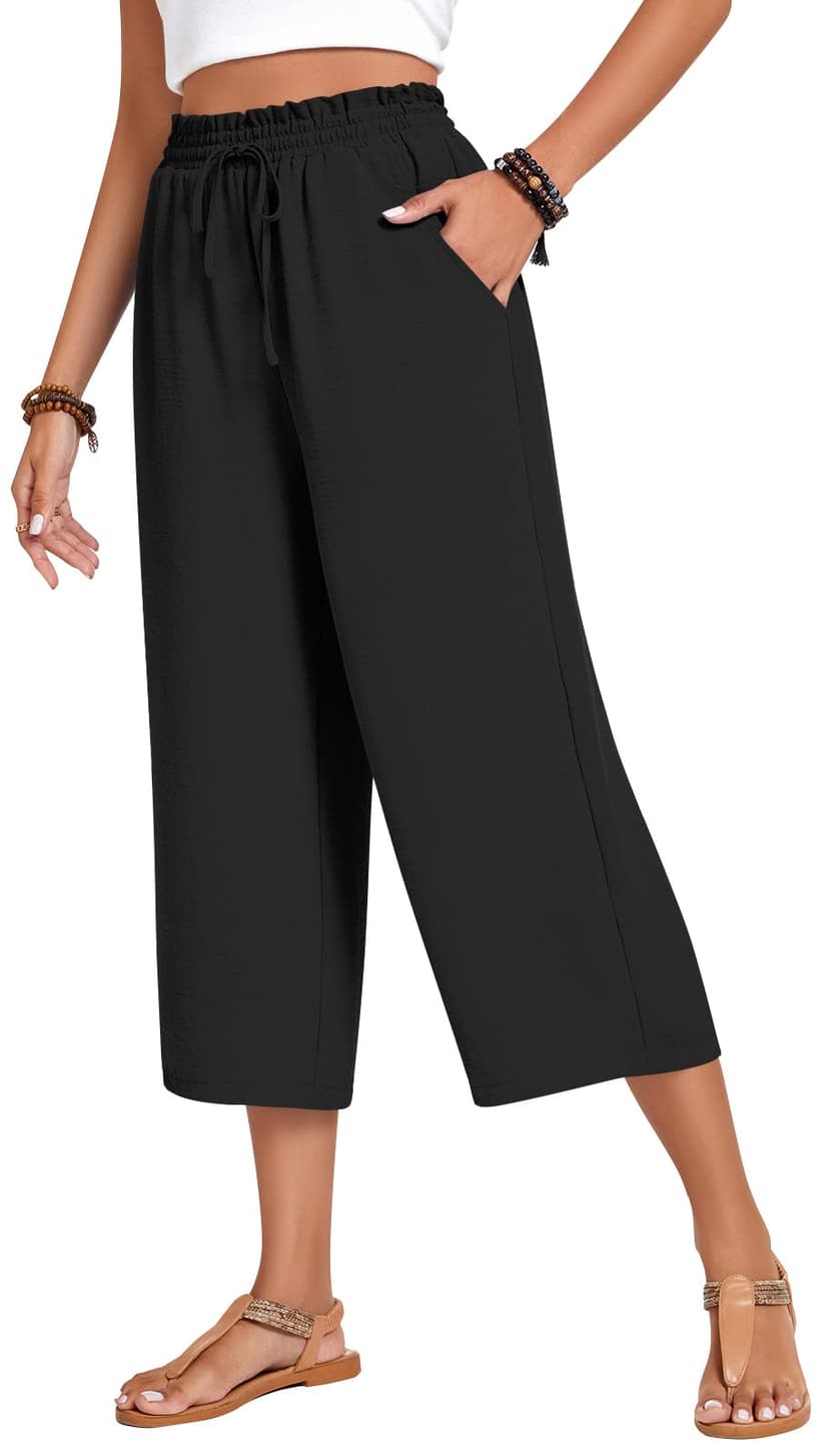 Anyhold Women's Capri Pants Drawstring Casual Palazzo Trousers with Pockets Loose High Waisted Wide Leg Lounge Pants