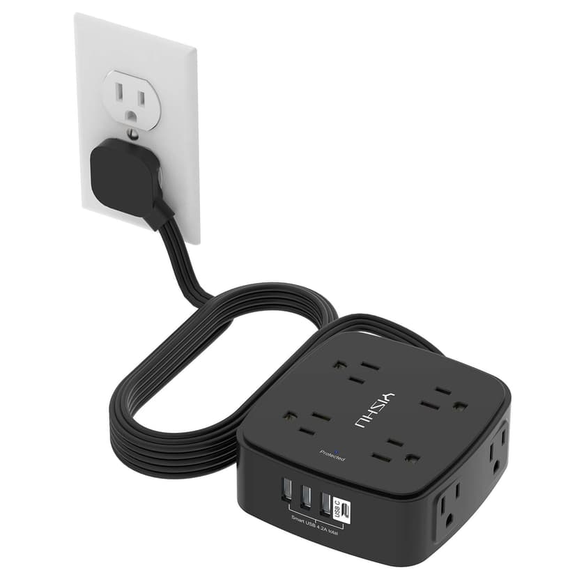 10 Ft Surge Protector Power Strip - YISHU 8 Widely Outlets with 4 USB Ports, 3 Side Outlet Extender with 10 Feet Flat Extension Cord, Ultra Flat Plug, Wall Mount, Desk USB Charging Station, ETL, Black