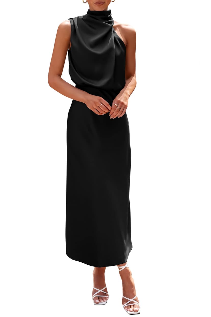 PRETTYGARDEN Women's 2026 Summer Satin Dress Elegant Sleeveless Mock Neck Cocktail Party Maxi Dresses