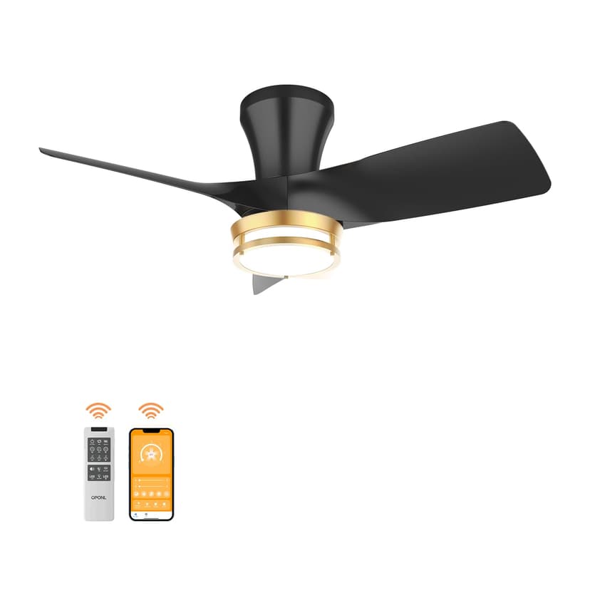 OPONL 30 inch Low Profile Ceiling fan with Light and Remote Control | Reversible, 6CCT, Dimmable, Noiseless, Black Ceiling Fan for Bedroom, Indoor/Outdoor Use, Modern