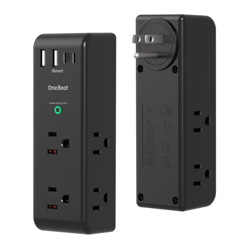 2 Pack Surge Protector Outlet Extender, Rotating Plug USB Wall Outlet,Black | 6 AC Outlet Splitter 4 USB Ports (2 USB C),1800J Wall Charger Multi Outlet Wall Plug Adapter for Home Office Dorm Room Tra