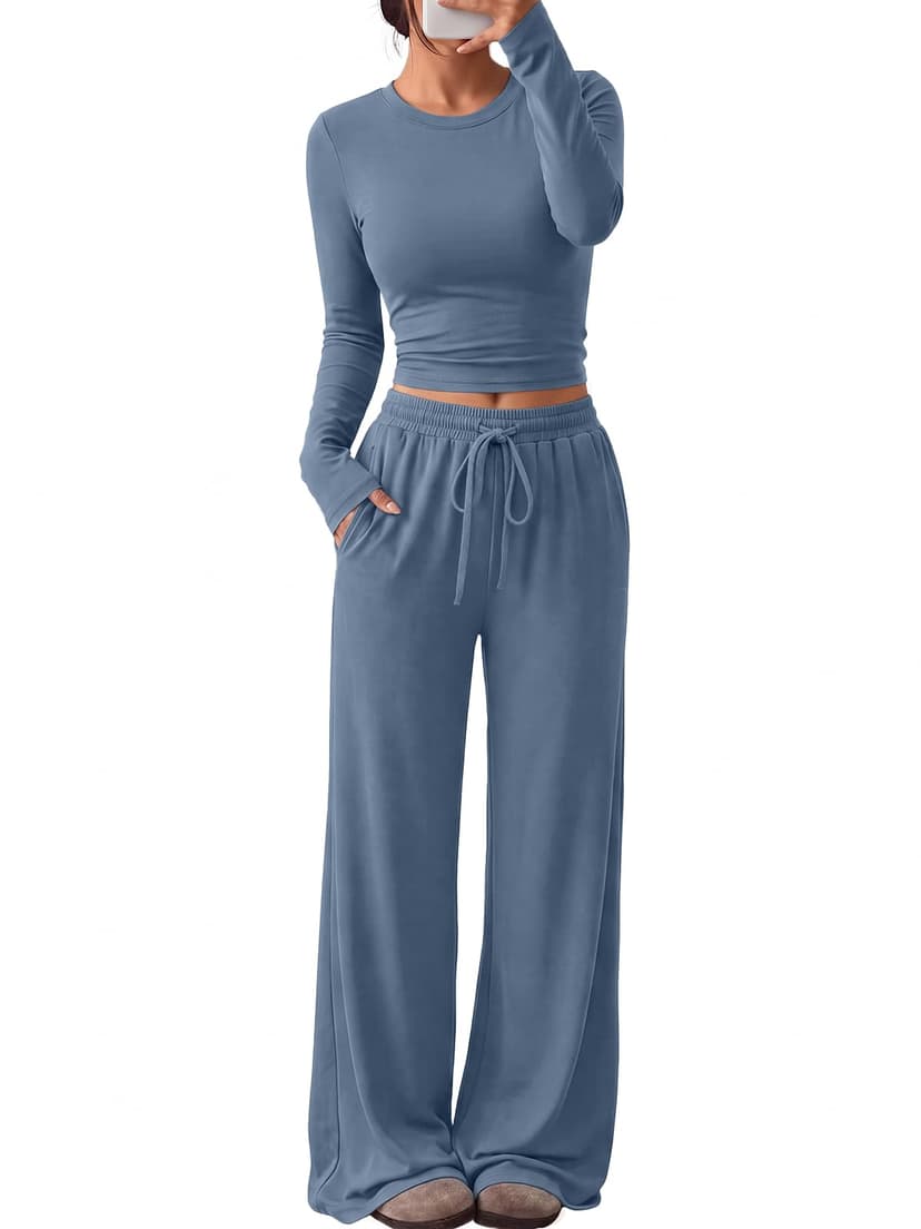 Trendy Queen Women's 2 Piece 2026 Fall Fashion Lounge Set with Pockets | Airport Outfit, Athleisure Workout Set, Fall Wardrobe Staple, Winter Style, Side-Ruched Top, Drawstring Wide-Leg Pants