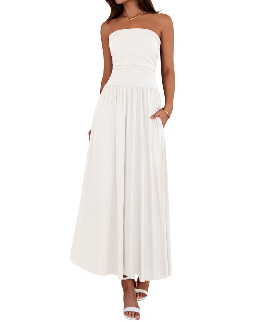 BTFBM Summer Maxi Dresses for Women 2026 Strapless Ruched Tube Top Beach Vacation Spring Wedding Guest Dress Pockets