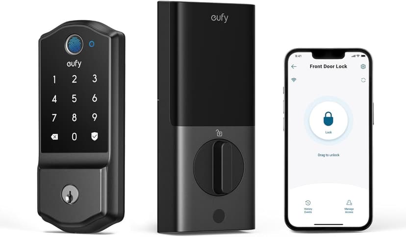 eufy Security Smart Lock C220, Fingerprint Keyless Entry Door Lock | Built-in Wi-Fi, App Remote Control, Up to 8-Month Battery, Front Door Smart Lock Deadbolt, IP53, Black, Traditional