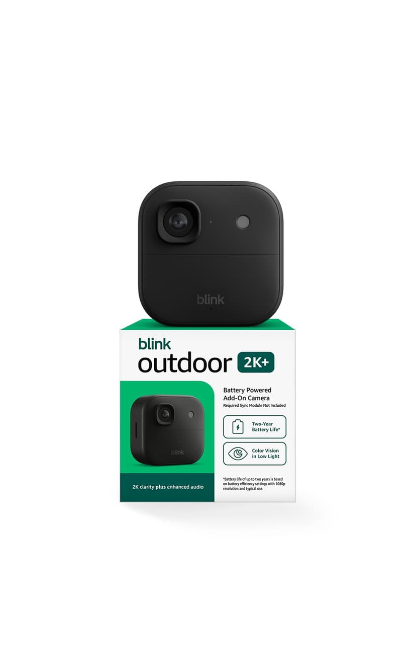 Blink Outdoor 2K+ (newest model) — Wireless smart security camera, 2K video resolution, enhanced audio, two-year battery. Required Sync Module not included — Add-On (Black)