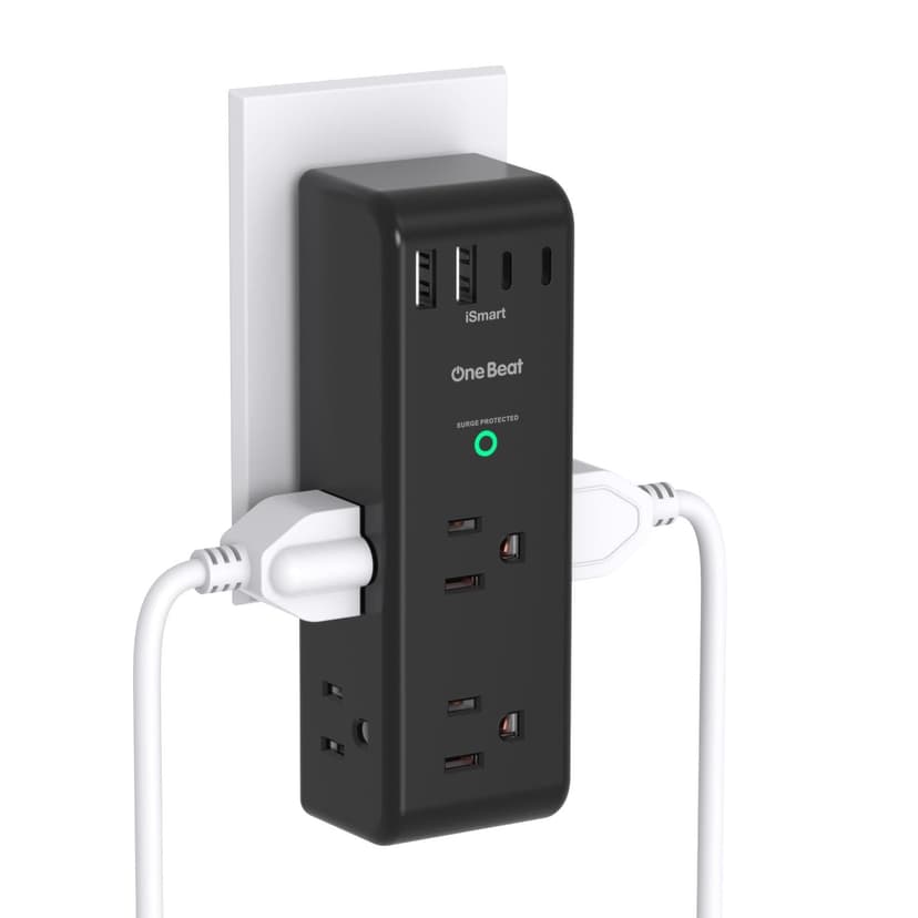 Surge Protector Outlet Extender with Rotating Plug, 6 AC Multi Plug Outlet with 4 USB Ports (2 USB C), 1800 Joules, 3-Sided Swivel Power Adapter with Spaced Outlet Splitter for Dorm, Office, Black