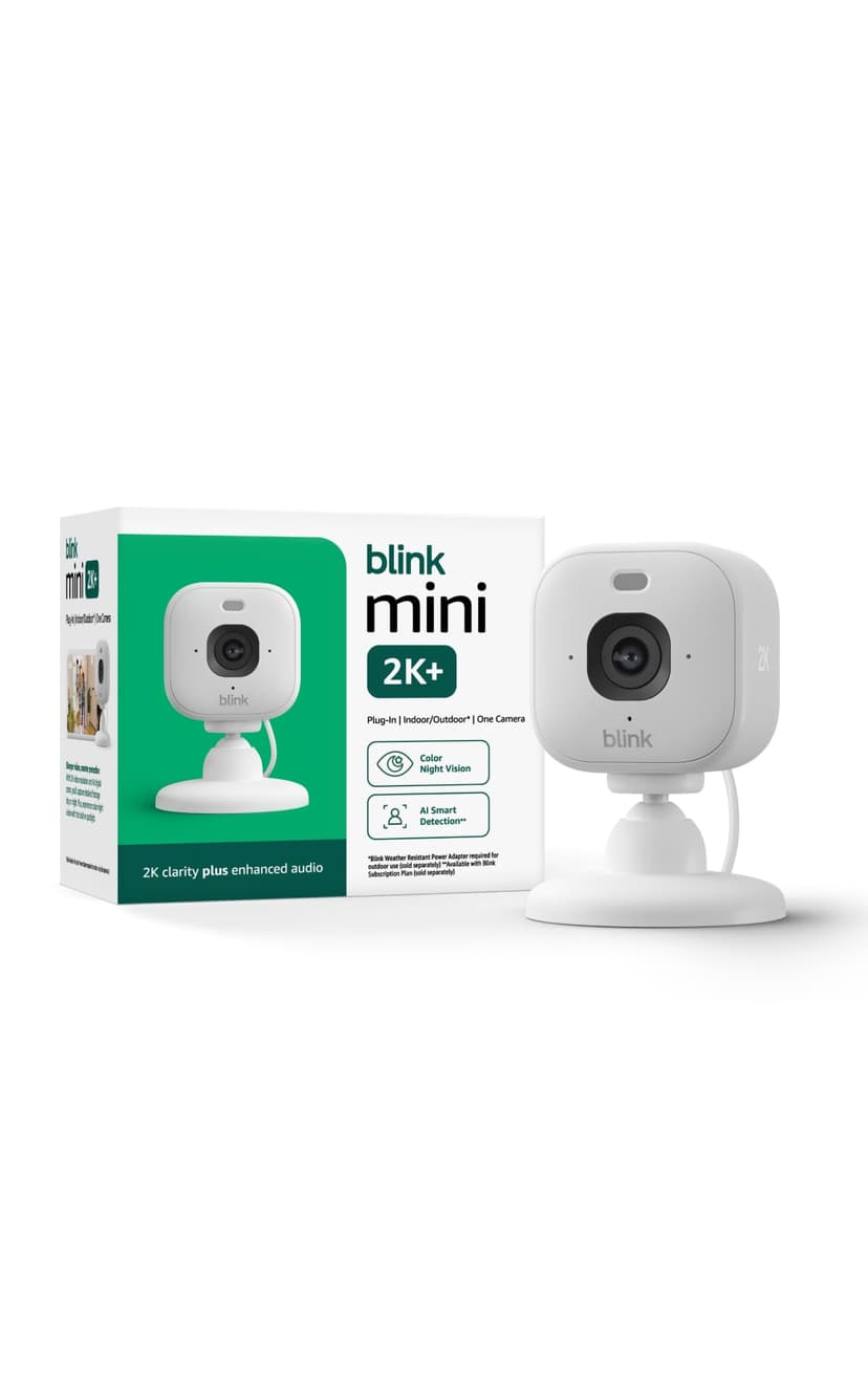 Blink Mini 2K+ (newest model) – Plug-in Home & Pet Indoor Security Camera with 2K video resolution, night vision, enhanced audio, motion detection – 1 camera (White)
