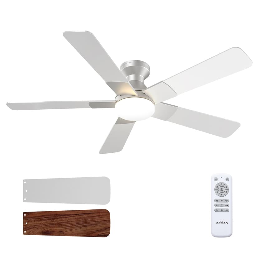 addlon Ceiling Fans with Lights, 52 Inch Low Profile Ceiling Fan with Light and Remote Control, Flush Mount, Reversible, 3CCT, Dimmable, Quiet, Silver Ceiling Fan for Bedroom Indoor/Outdoor Use | Flus