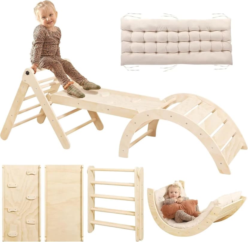 Yopnoyik Pikler Triangle Set with Cushion, 7 in 1 Toddler Climbing Toys Indoor, Montessori Foldable Climbing Set, Wooden Climbing Toys for Toddlers Inside with Ramp, Arch and Ladder (Nature Wood)